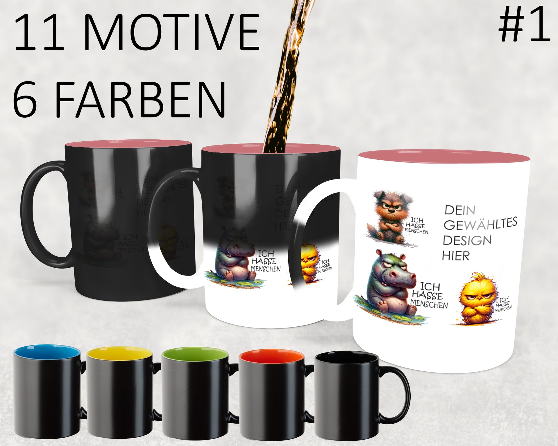 Cute Animal - Ich hasse Menschen - MAGIC WOW Kaffeetasse Teetasse 11 Motive 6 Farben