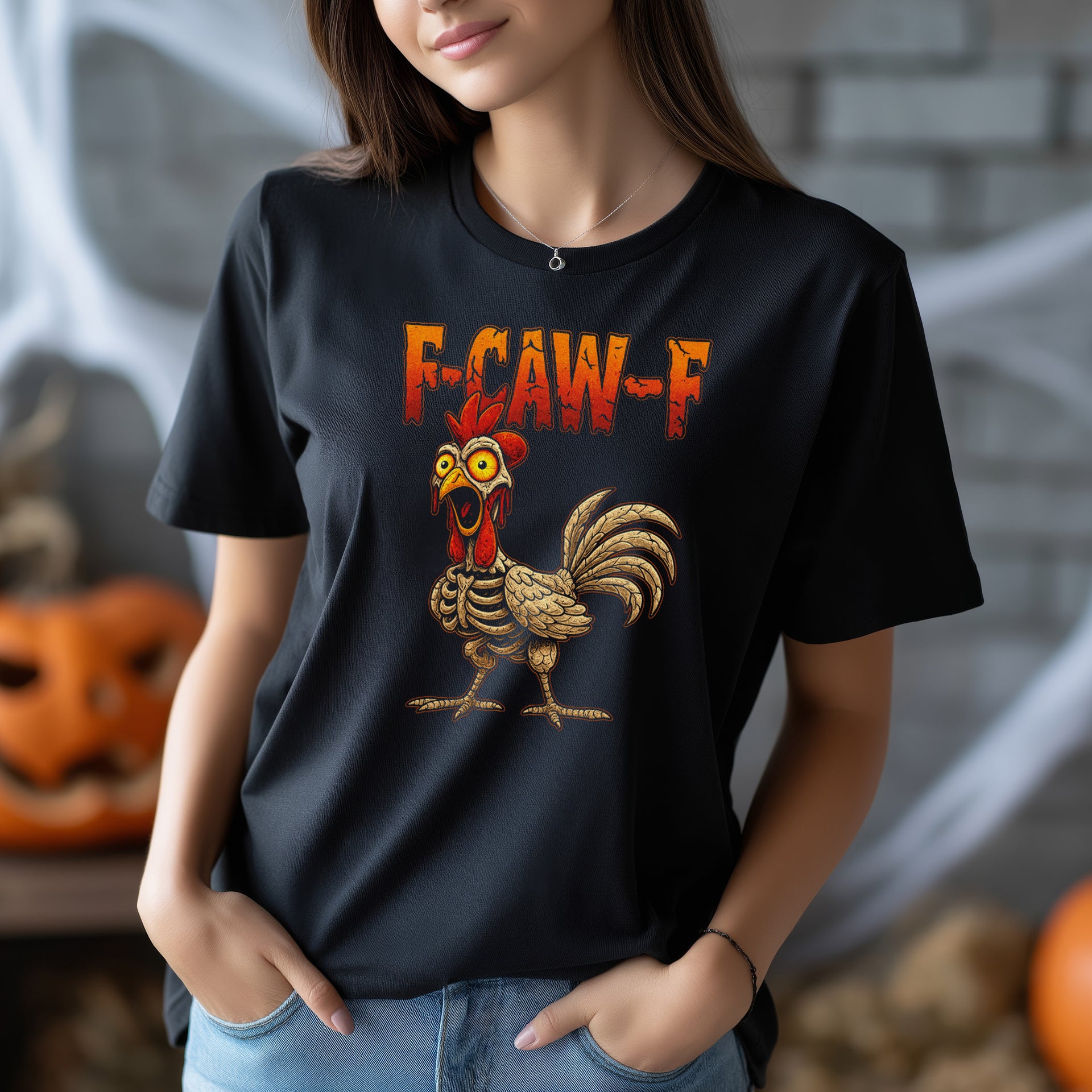 F-CAW-F Halloween Skelett Edition Funny Chicken / Huhn  Women Exended Shoulder T-Shirt