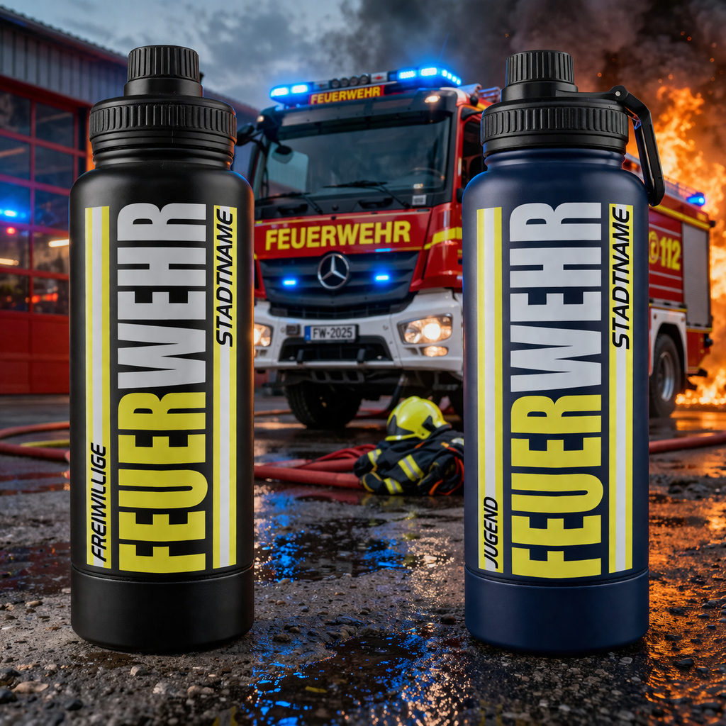 1000 ml Personalisierte Feuerwehr Trinkflasche / Isolierflasche schwarz / Blau + Geheimfach  mit Wunschdruck
