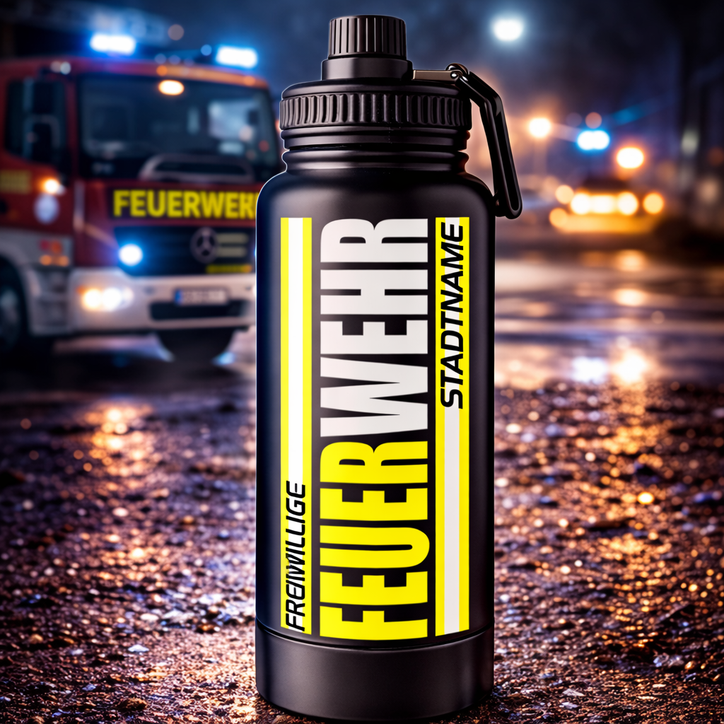 1000 ml Personalisierte Feuerwehr Trinkflasche / Isolierflasche schwarz / Blau + Geheimfach  mit Wunschdruck