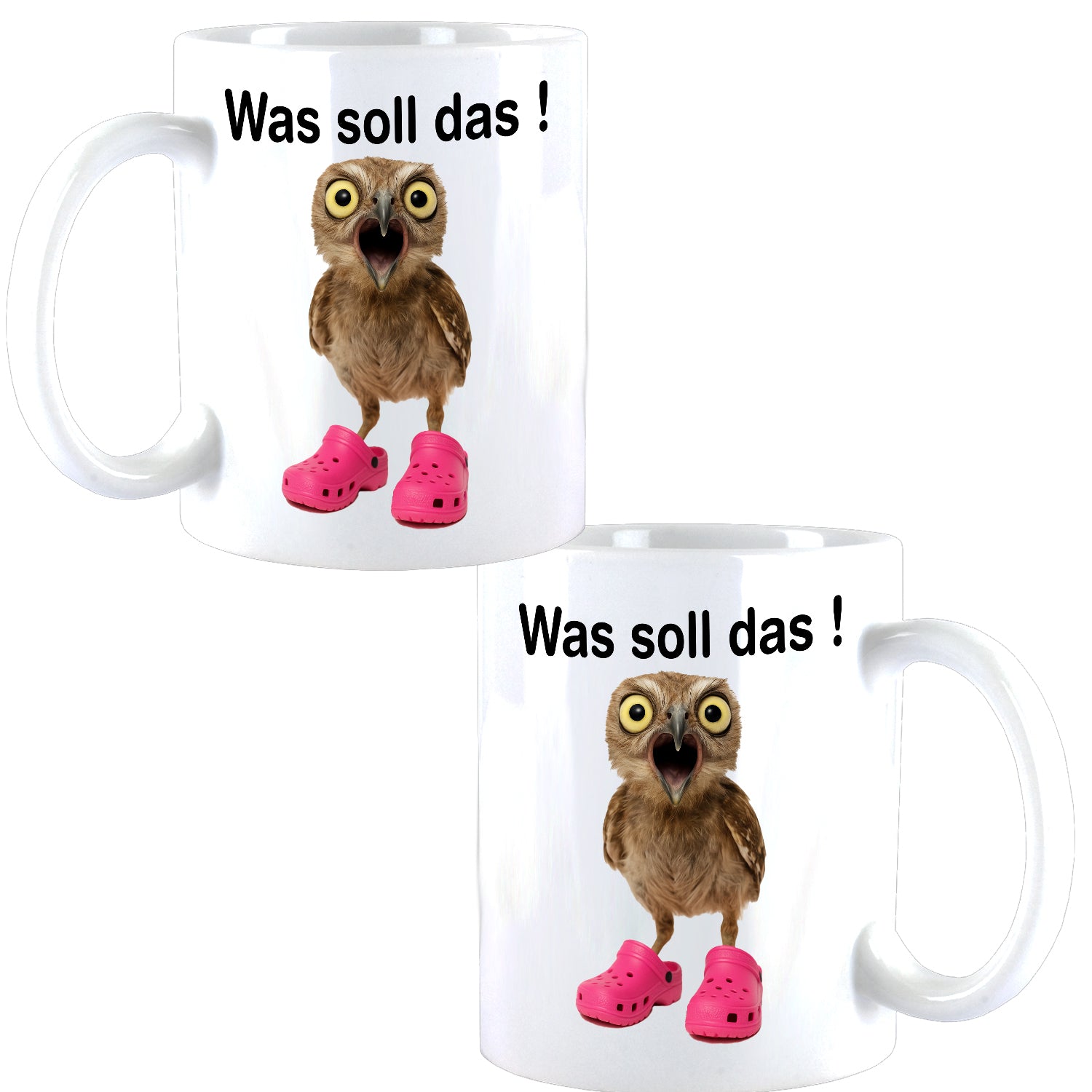 was soll das ! Statement Tasse Eule mit Neonpinken Schuhen Design Büro Kaffee Teetasse