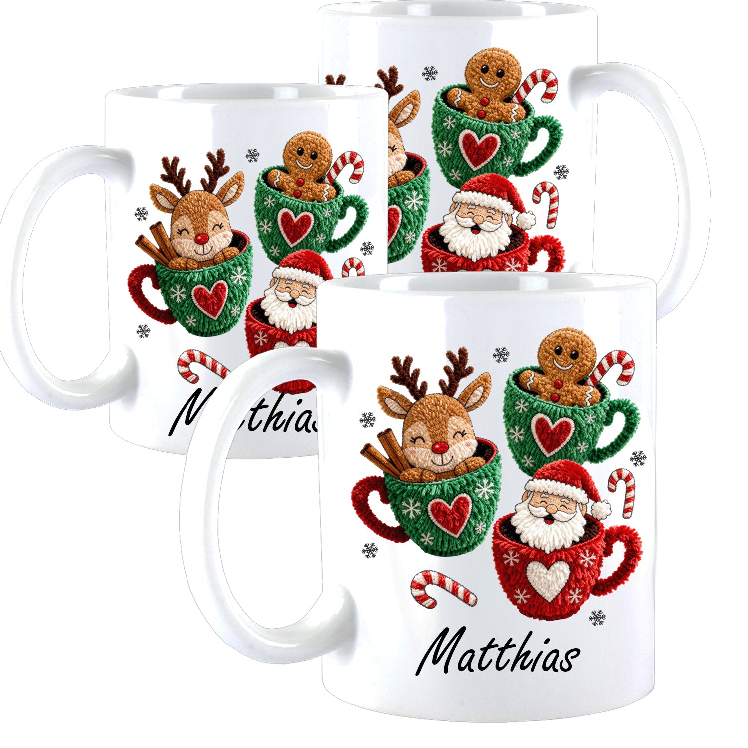 Personalisierte Weihnachtstasse mit Namen – Rentier, Lebkuchenmann & Weihnachtsmann | Weihnachtsbecher in verschiedenen Farben | Geschenkidee zu Weihnachten