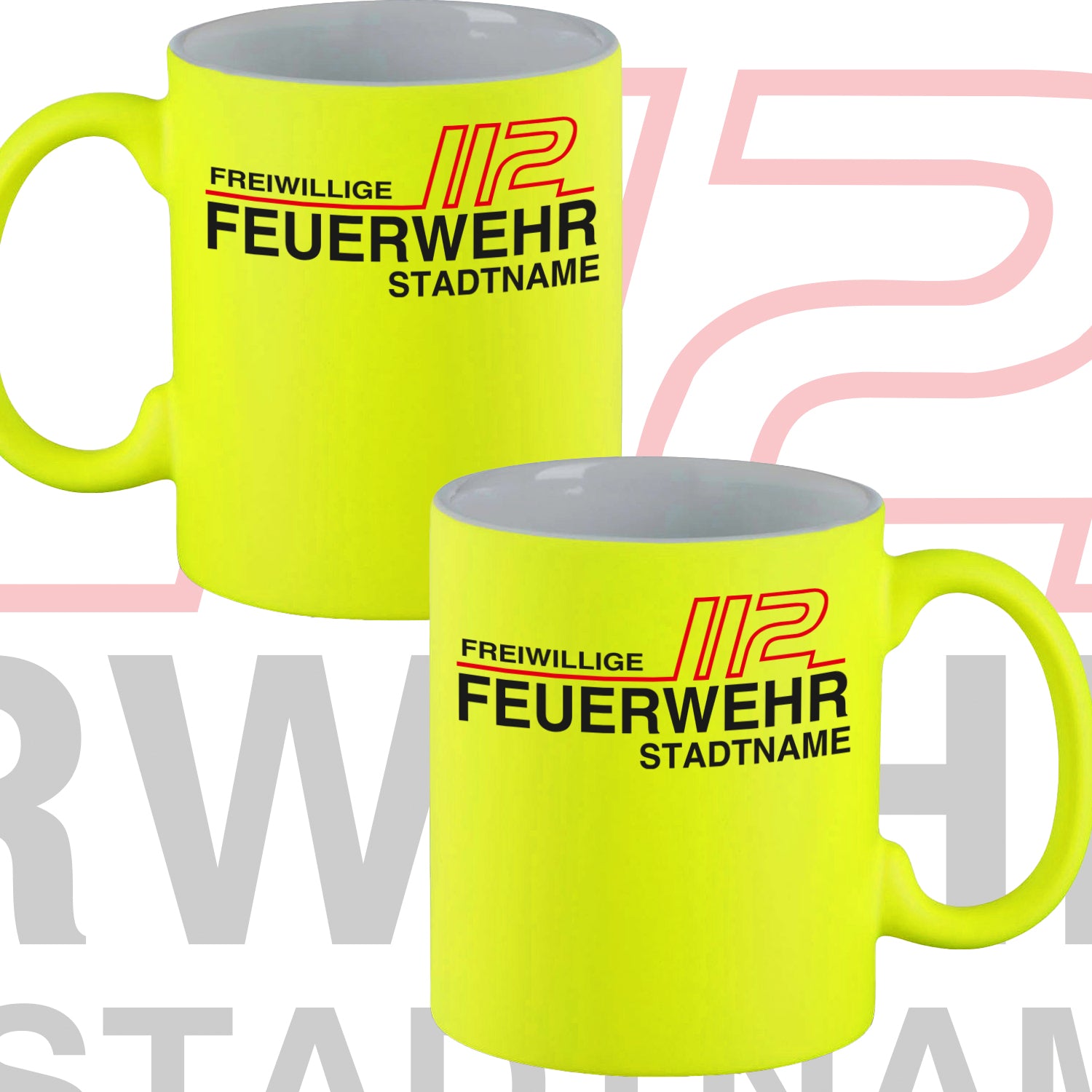 Neongelbe Feuerwehr Tasse FW1900 inkl. Wunschtext