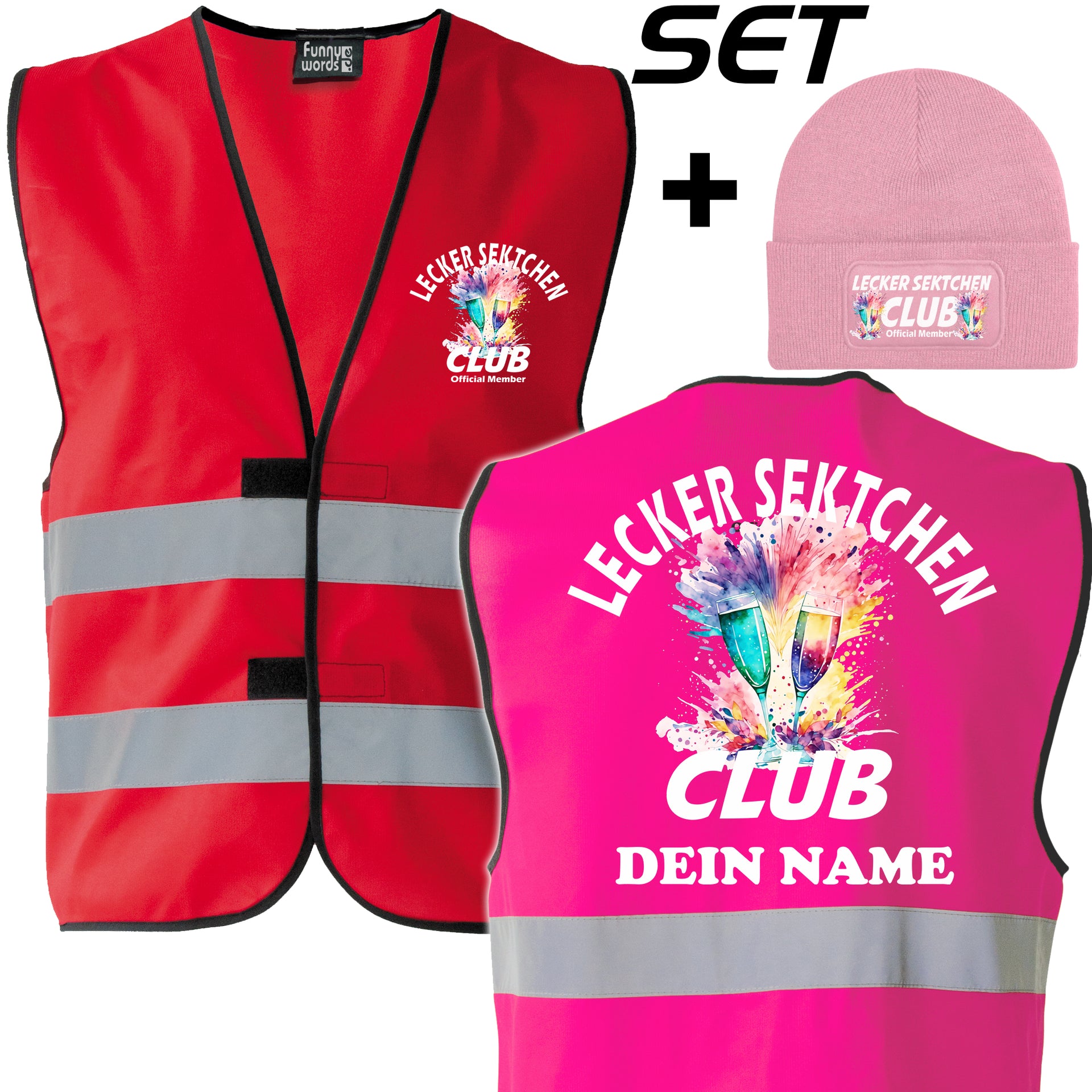 Lecker Sektchen Club Spar Set – Warnweste mit Namen und Beanie für echte Mitglieder