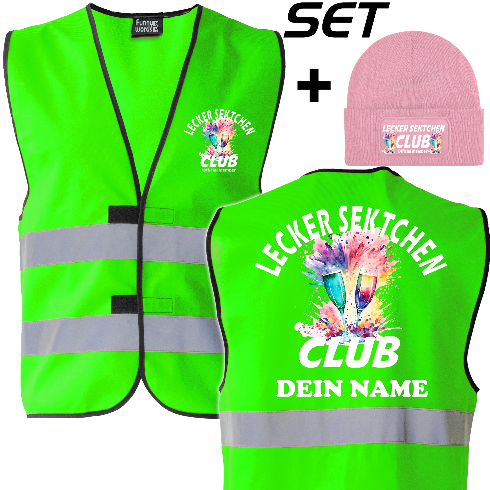 Lecker Sektchen Club Spar Set – Warnweste mit Namen und Beanie für echte Mitglieder