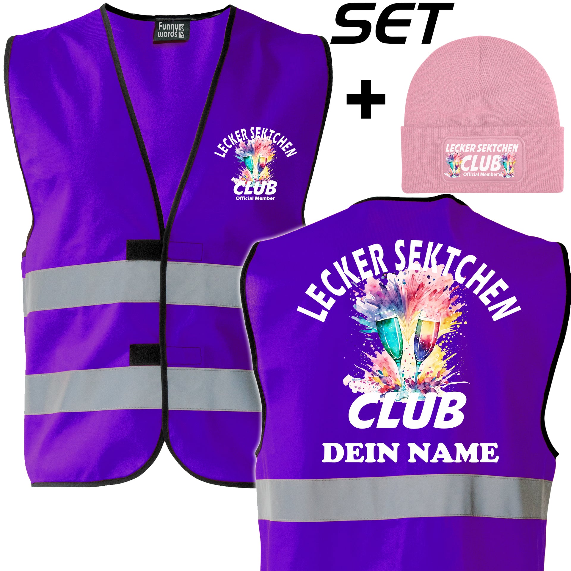 Lecker Sektchen Club Spar Set – Warnweste mit Namen und Beanie für echte Mitglieder