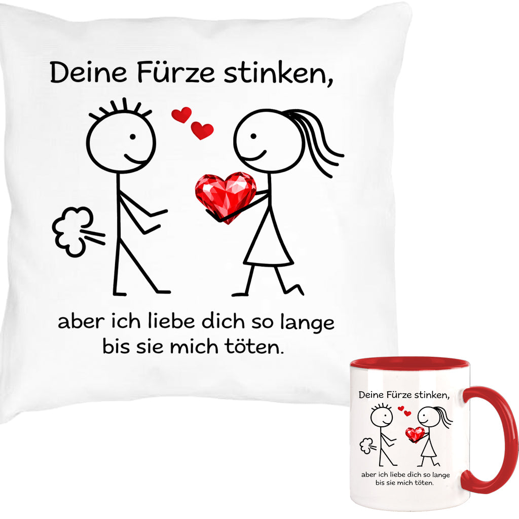 Deine Fürze stinken, aber ich liebe Dich ... Kissen + Tasse Strichfiguren