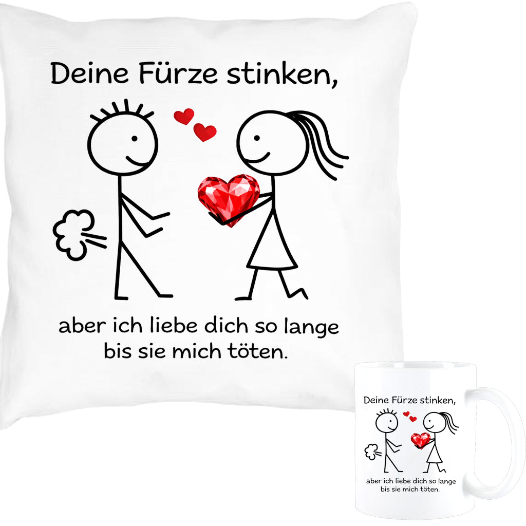 Deine Fürze stinken, aber ich liebe Dich ... Kissen + Tasse Strichfiguren