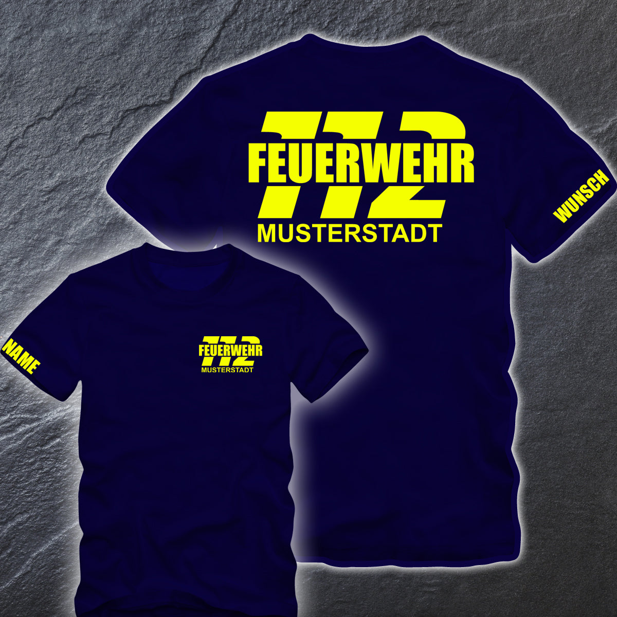 Feuerwehr T-Shirt Navy FW1500 einfarbig beidseitig Wunschstadt +  Wunschname