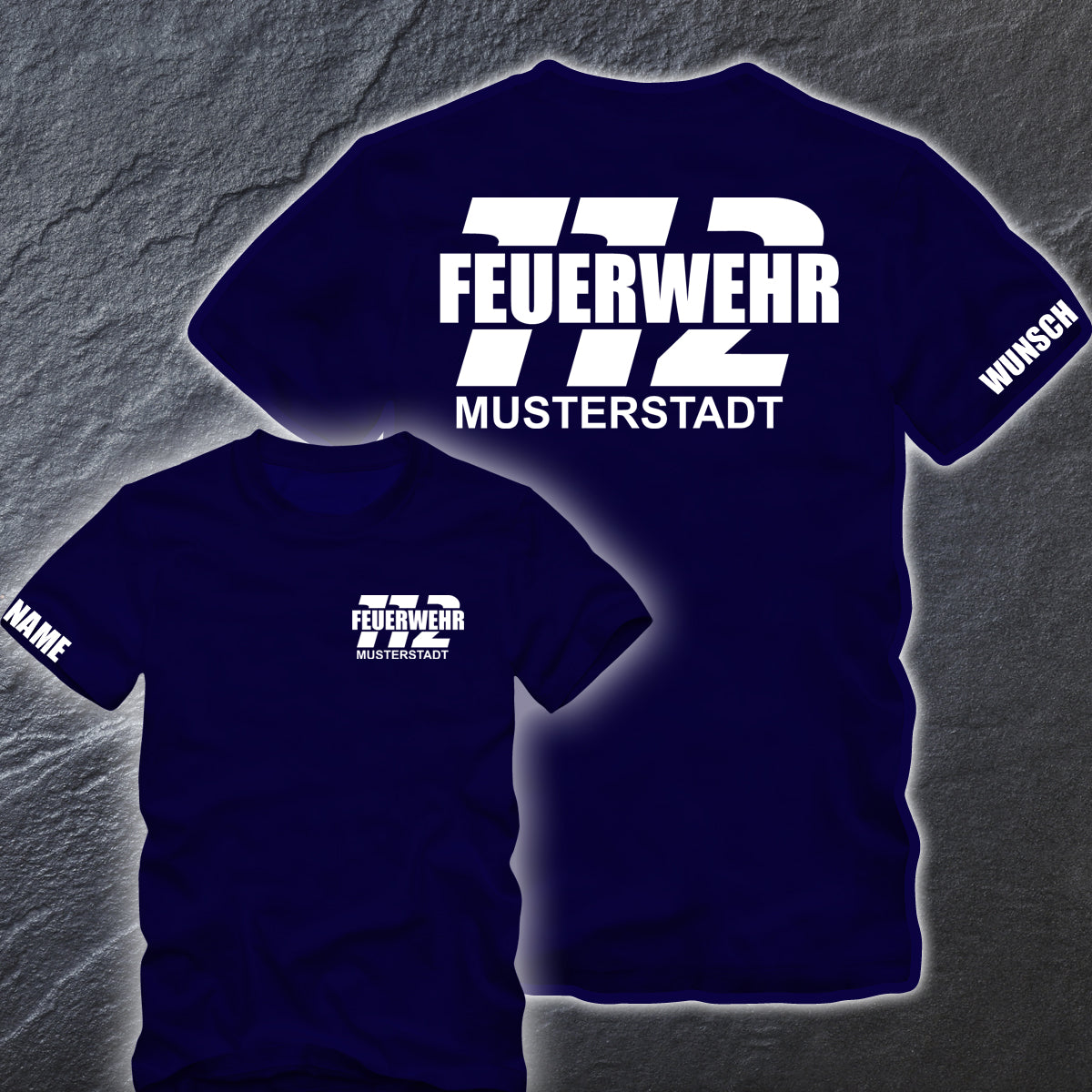 Feuerwehr T-Shirt Navy FW1500 einfarbig beidseitig Wunschstadt +  Wunschname