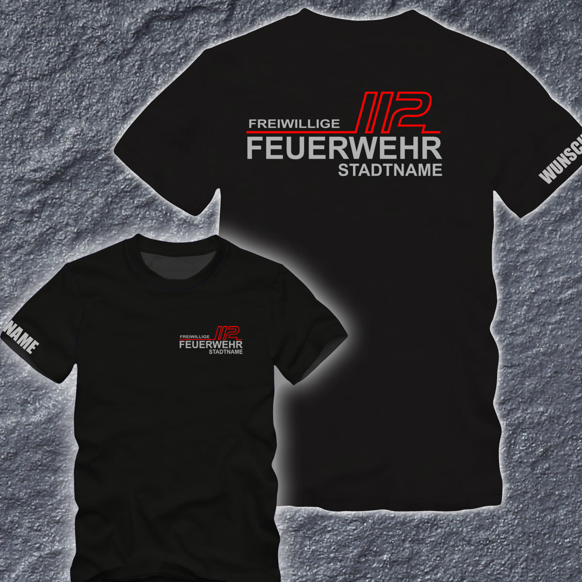 Feuerwehr T-Shirt "SCHWARZ" FW1900 beidseitig Wunschstadt +  Wunschname