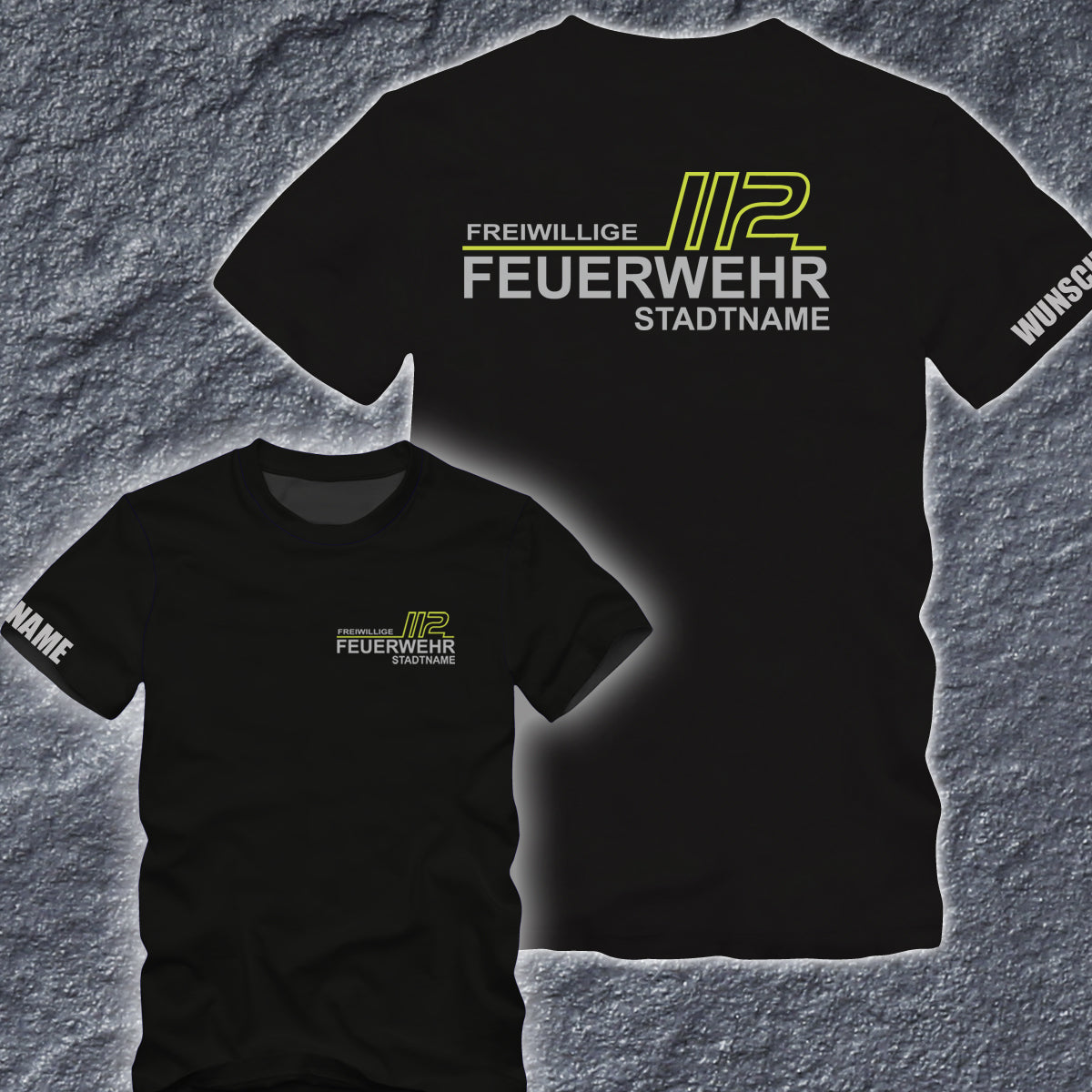 Feuerwehr T-Shirt "SCHWARZ" FW1900 beidseitig Wunschstadt +  Wunschname