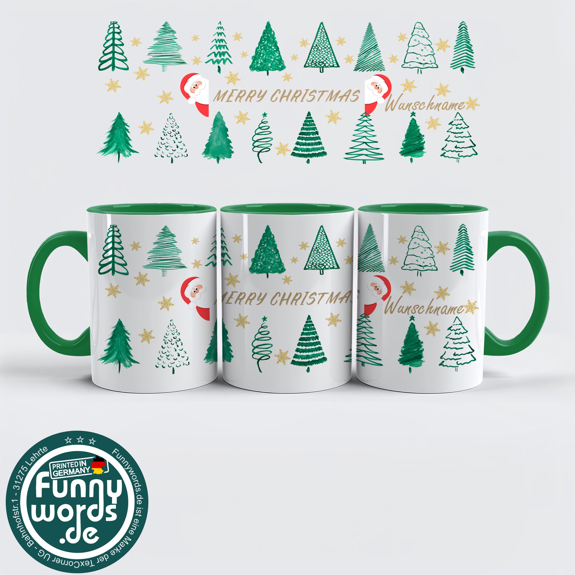 Merry Christmas Tasse – Weihnachtsbäume & Goldsterne Style – personalisierbar