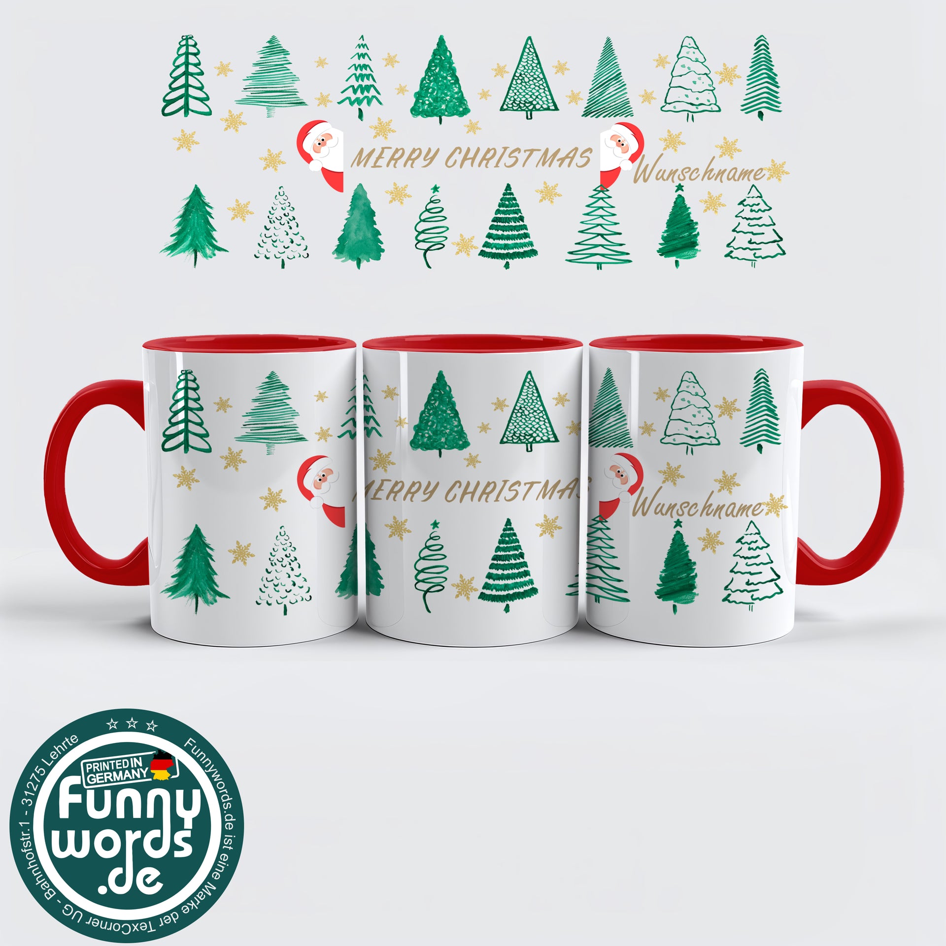 Merry Christmas Tasse – Weihnachtsbäume & Goldsterne Style – personalisierbar