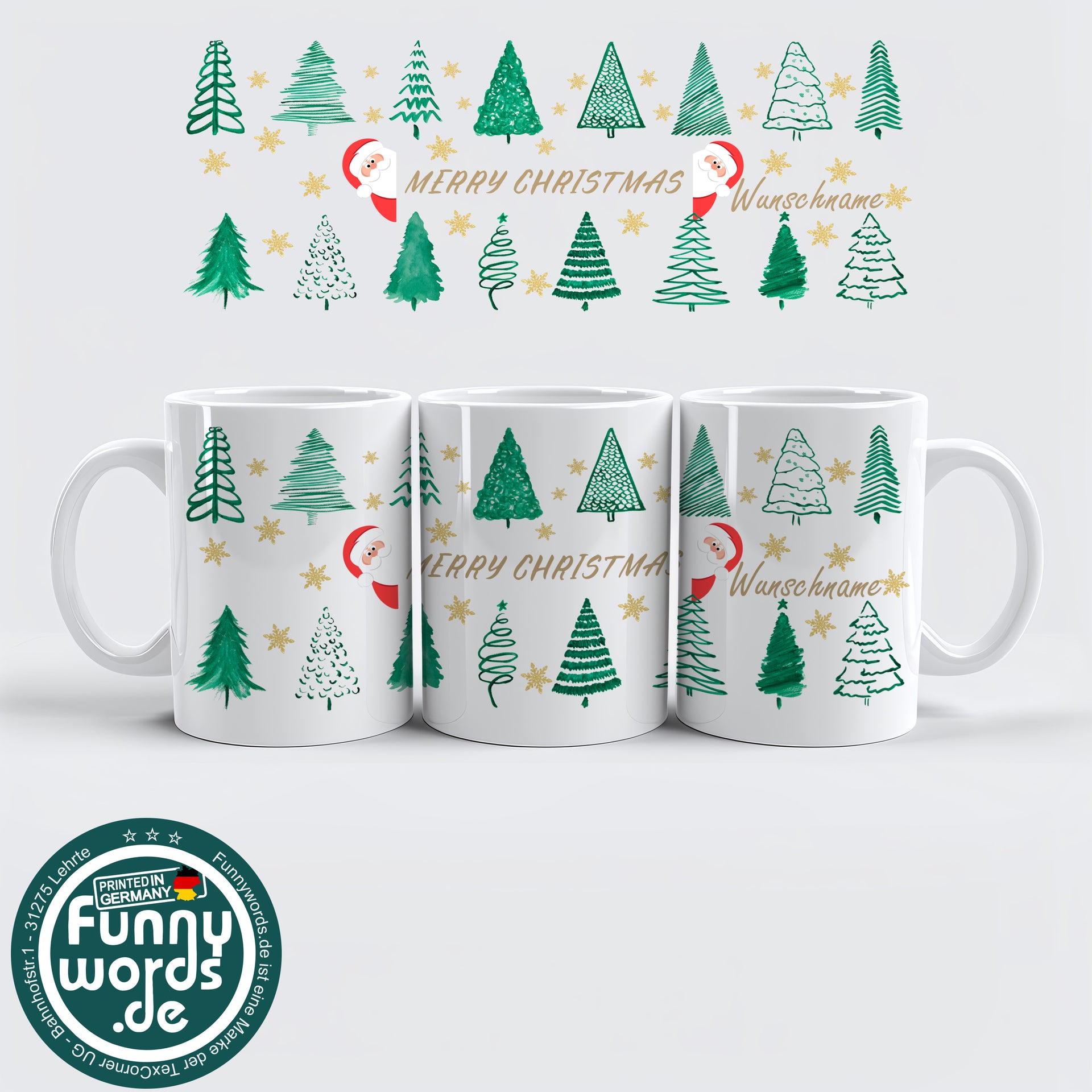 Merry Christmas Tasse – Weihnachtsbäume & Goldsterne Style – personalisierbar