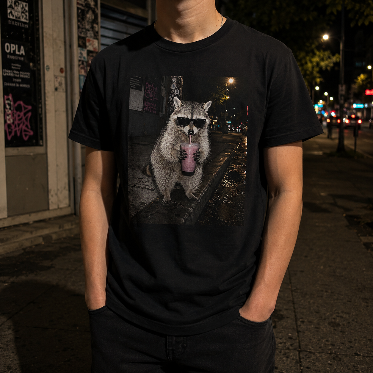 Midnight Shake Racoon – Streetstyle Waschbär Shirt Unisex Premium T-Shirt