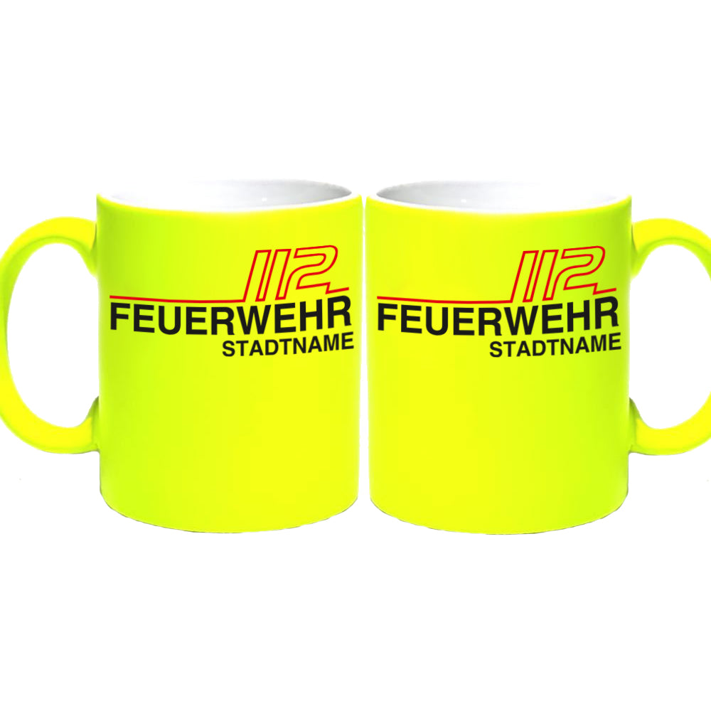 Neongelbe Feuerwehr Tasse FW1900 inkl. Wunschtext